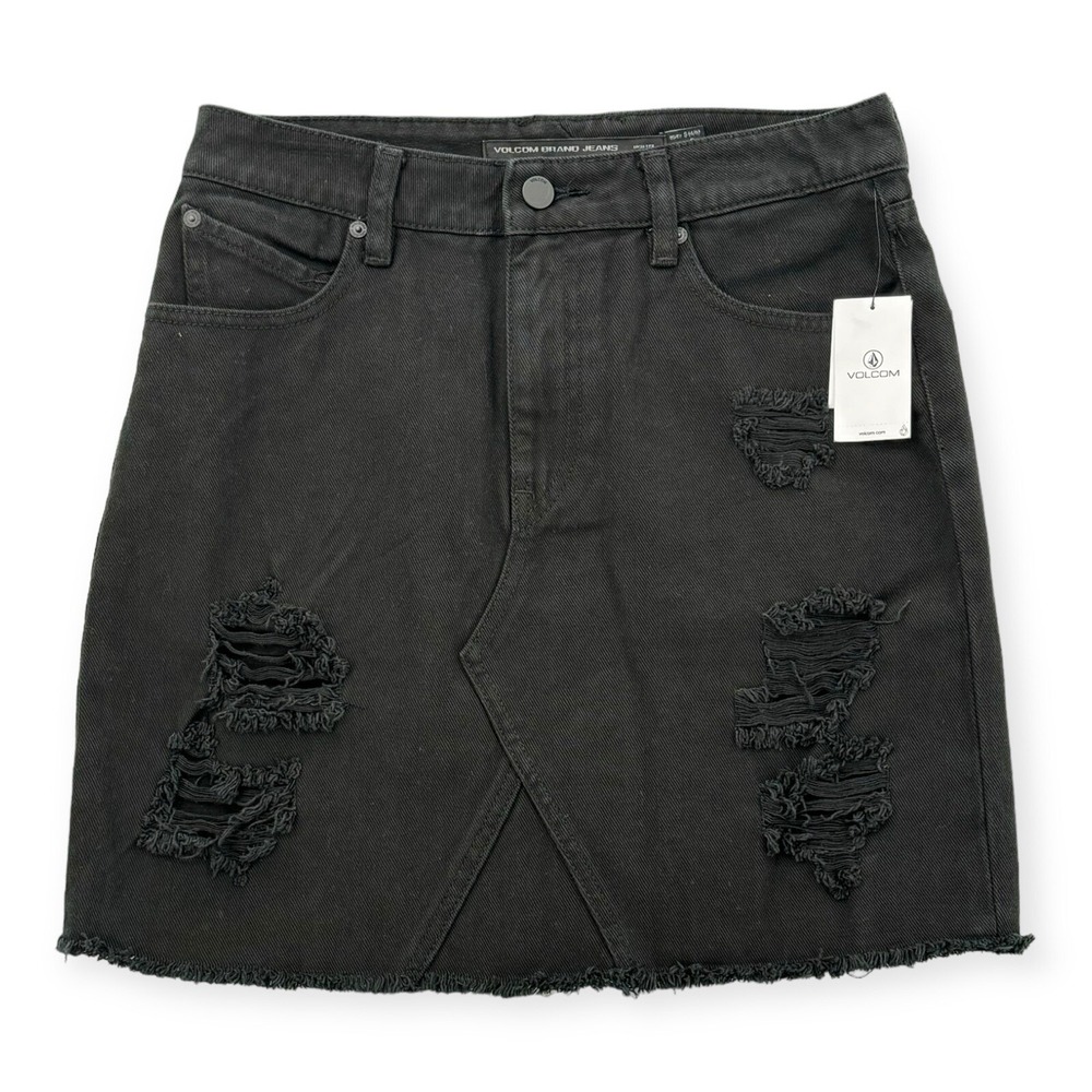Volcom Denim Jean Skirt Womens Small‎ High Rise Black Distressed Stoned Mini NWT